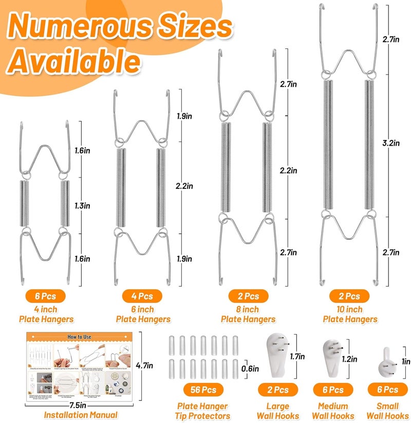 MAPVOLUT Store 14 Pcs Silver Invisible Plate Hangers for The Wall - 4/6/8/10 Inch Stainless Steel Decorative Plate Holers for Display, Artwork & Home Decor (with 14 Wall Hooks & 56 Tip Protectors & Guide) - Image 3